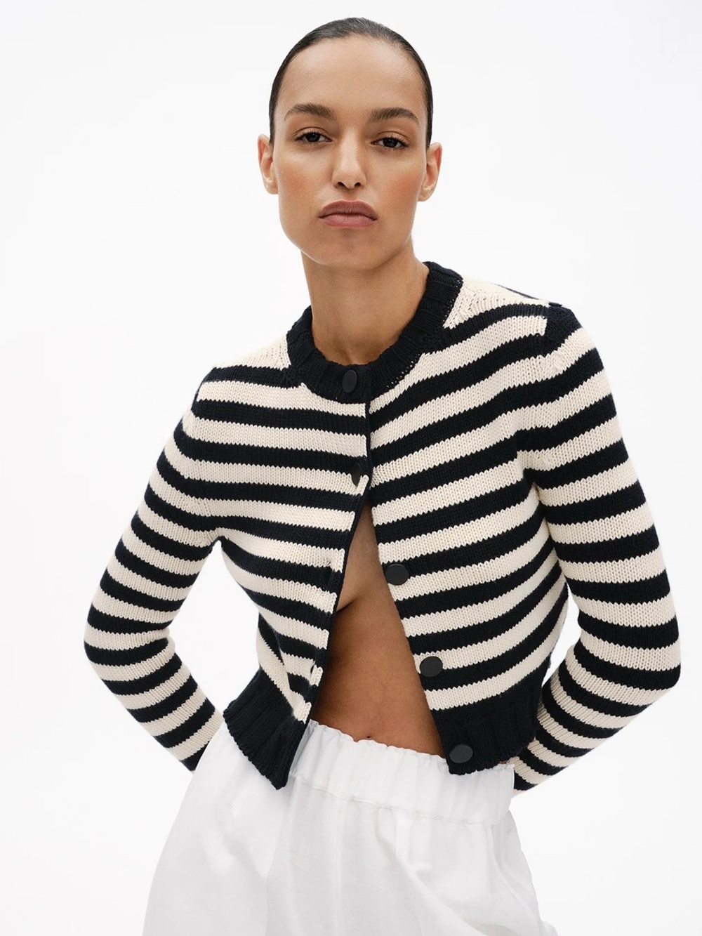 GWYN Demoiselle Cashmere Cotton Striped Cardigan in Navy Oat
